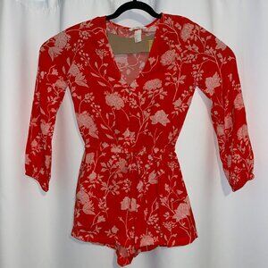 H&M Red Floral Print Romper With V-Neck & Long Sleeves